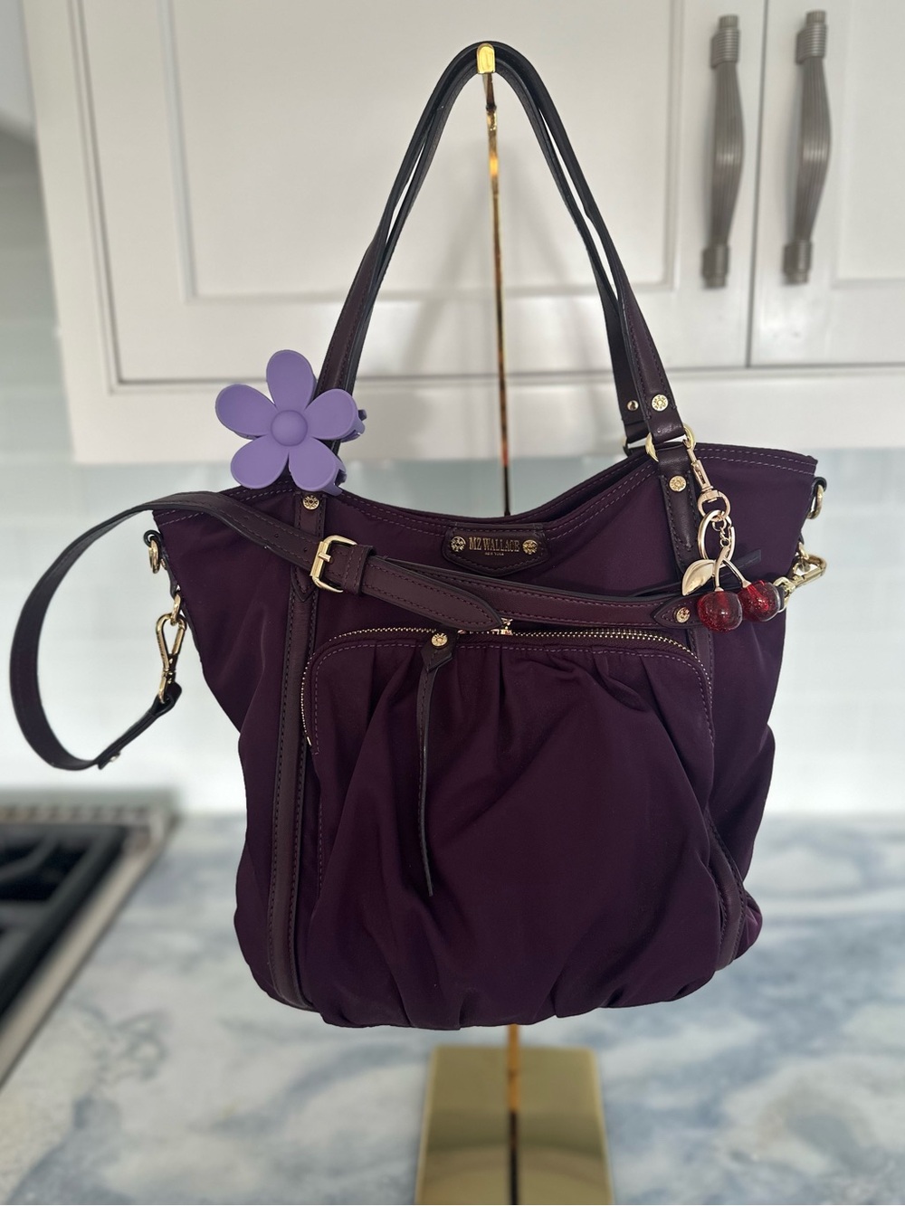 MZ Wallace Nikki Bedford Nylon Tote Leather Trim Crossbody Strap Gold Hardware